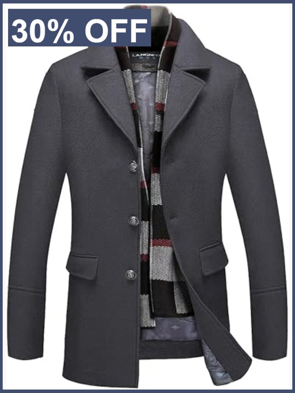 Men's Wool Blend Trench Coat with Detachable Scarf Single Breasted Overcoat